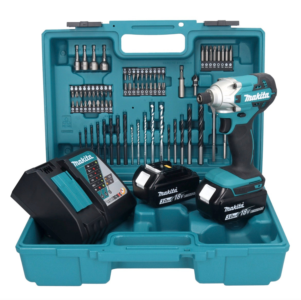 Makita DTD 156 RFX1 clé à chocs sans fil 18 V 155 Nm 1/4" + 2x batteries 3,0 Ah + chargeur + jeu d'accessoires 74 pièces + mallette