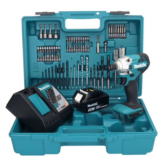 Makita DTD 156 RT1X1 clé à chocs sans fil 18 V 155 Nm 1/4" + 1x batterie 5,0 Ah + chargeur + jeu d'accessoires 74 pièces + mallette