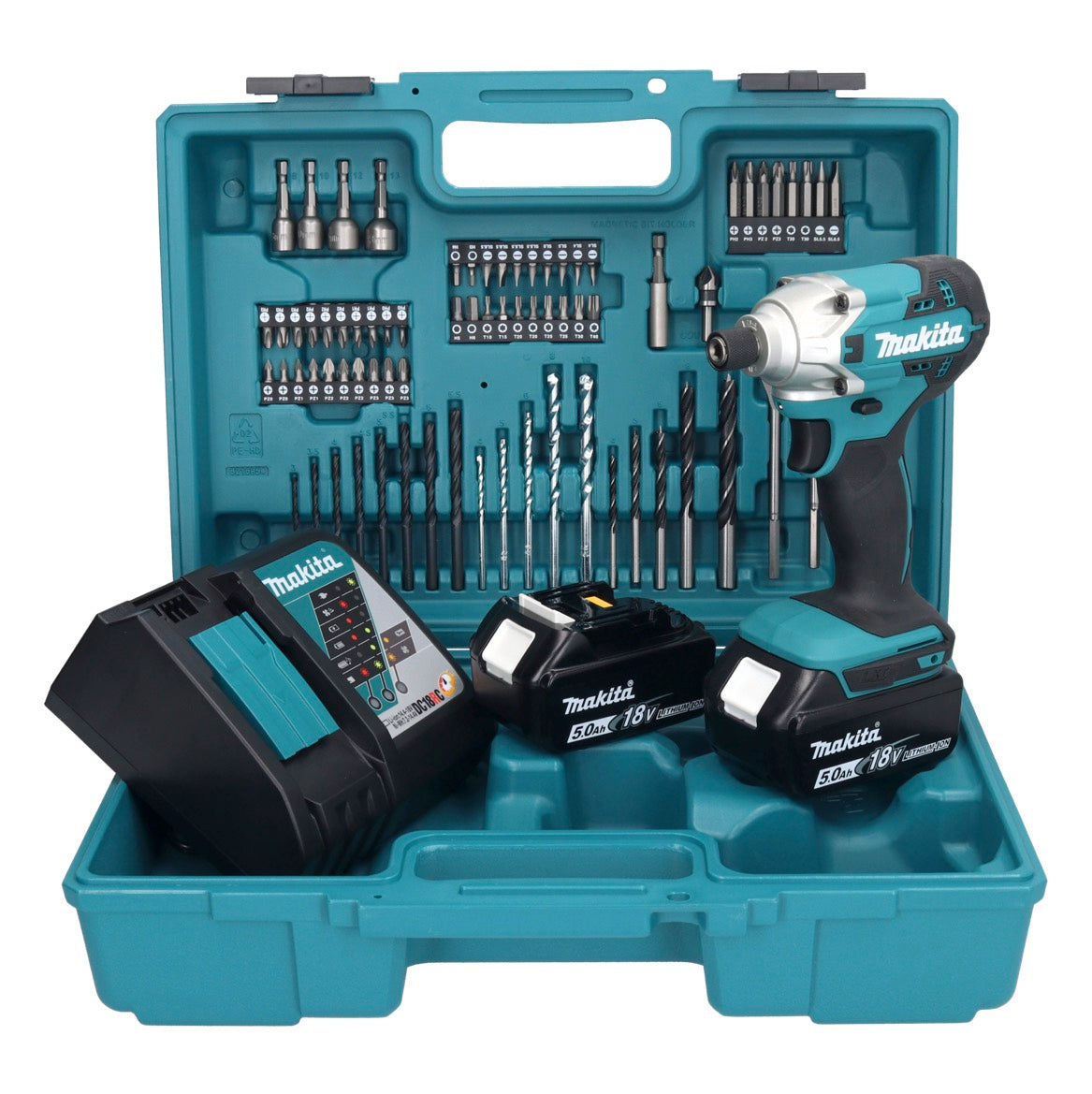 Makita DTD 156 RTX1 clé à chocs sans fil 18 V 155 Nm 1/4" + 2x batteries 5,0 Ah + chargeur + jeu d'accessoires 74 pièces + mallette