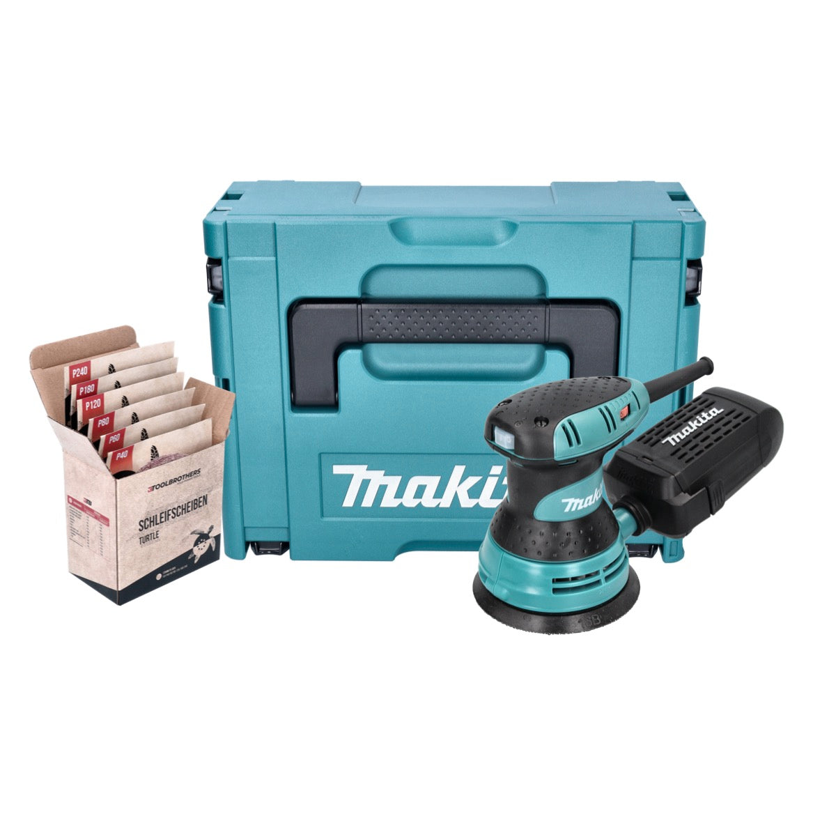 Makita BO 5031 J Exzenterschleifer Schleifmaschine 300 Watt 125 mm + Toolbrothers TURTLE Schleifset + Makpac - Toolbrothers