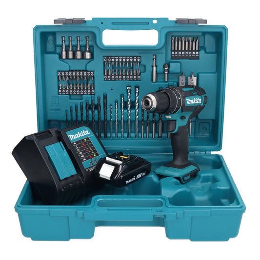 Makita DHP 482 SY1X1 Akku Schlagbohrschrauber 18 V 62 Nm + 1x Akku 1,5 Ah + Ladegerät + 74 tlg. Zubehörset + Koffer