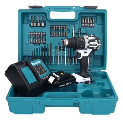 Makita DHP 484 SY1X1W perceuse à percussion sans fil 18 V 54 Nm sans balais blanc + 1 batterie 1,5 Ah + chargeur + jeu d'accessoires 74 pièces + mallette