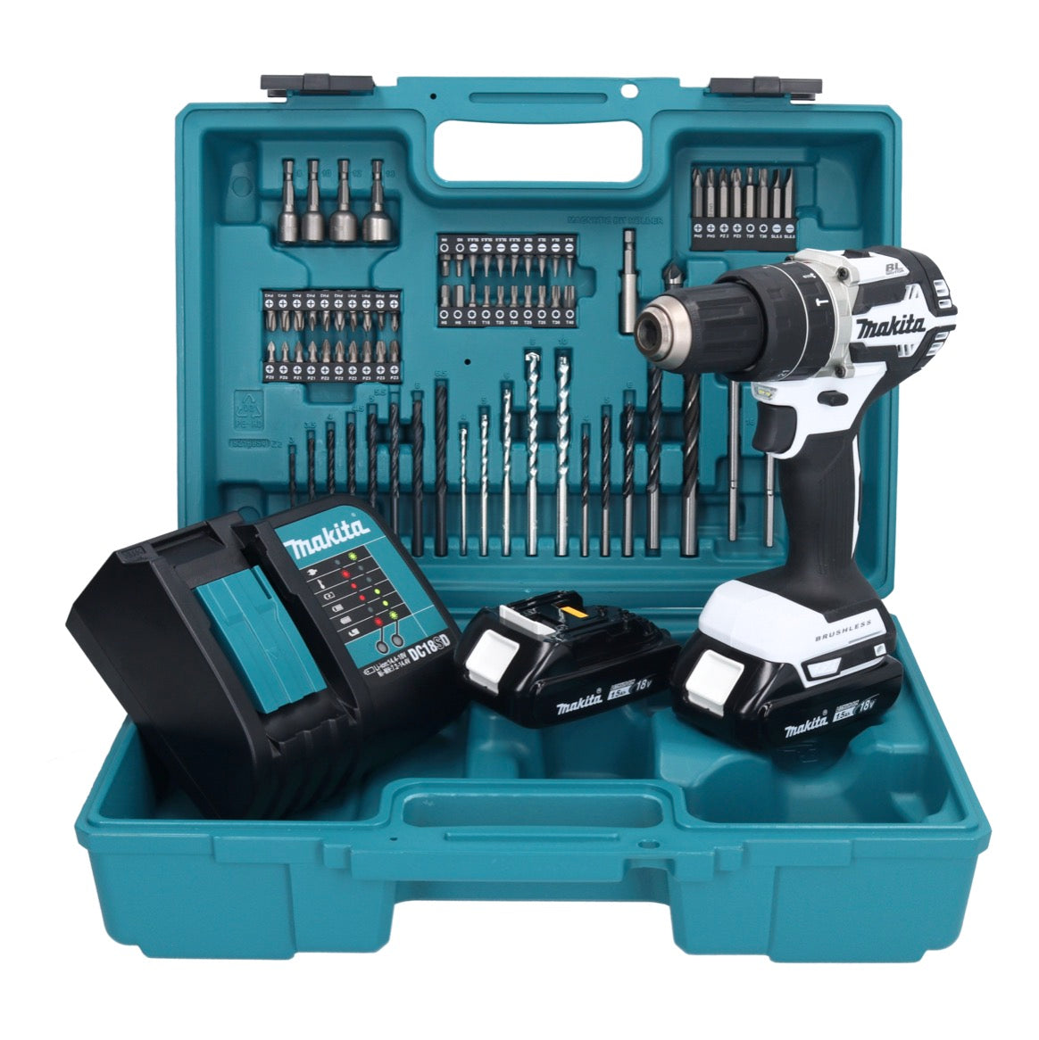 Makita DHP 484 SYX1W perceuse à percussion sans fil 18 V 54 Nm sans balais blanc + 2 batteries 1,5 Ah + chargeur + jeu d'accessoires 74 pièces + mallette