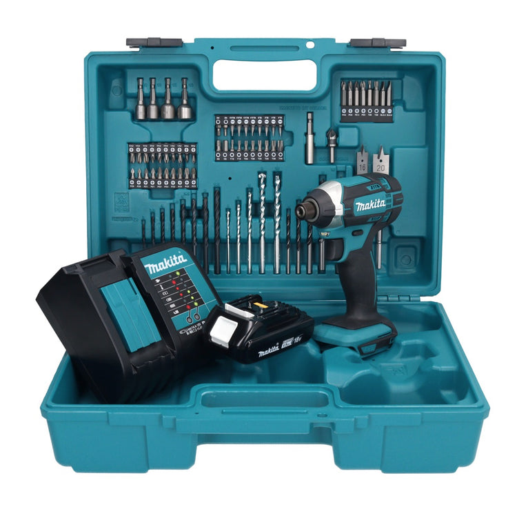 Makita DTD 152 SY1X1 Akku Schlagschrauber 18 V 165 Nm 1/4" + 1x Akku 1,5 Ah + Ladegerät + 74 tlg. Zubehörset + Koffer