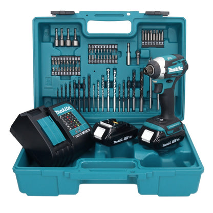 Makita DTD 154 SYX1 Akku Schlagschrauber 18 V 175 Nm 1/4" Brushless + 2x Akku 1,5 Ah + Ladegerät + 74 tlg. Zubehörset + Koffer