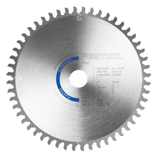 Lame de scie circulaire Festool aluminium / plastique HW F/FA 52 168 x 1,8 x 20 PW16 (205767) pour TS 60 K, CSC-SYS 50