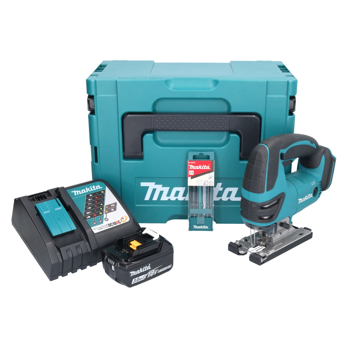 Makita DJV 180 RF1J scie sauteuse sans fil 18 V + 1 batterie 3,0 Ah + chargeur + jeu de 5 lames de scie sauteuse + Makpac