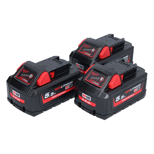 Milwaukee M18 HB 5,5 Akku Set 3x 18 V 5,5 Ah / 5500 mAh Li-Ion High Output ( 3x 4932464712 ) mit Ladestandsanzeige