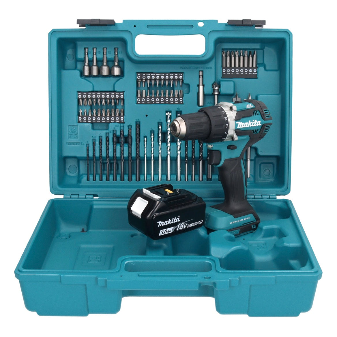 Makita DDF 484 F1X1 perceuse-visseuse sans fil 18 V 54 Nm + 1x batterie 3,0 Ah + jeu d'accessoires 74 pièces + mallette - sans chargeur