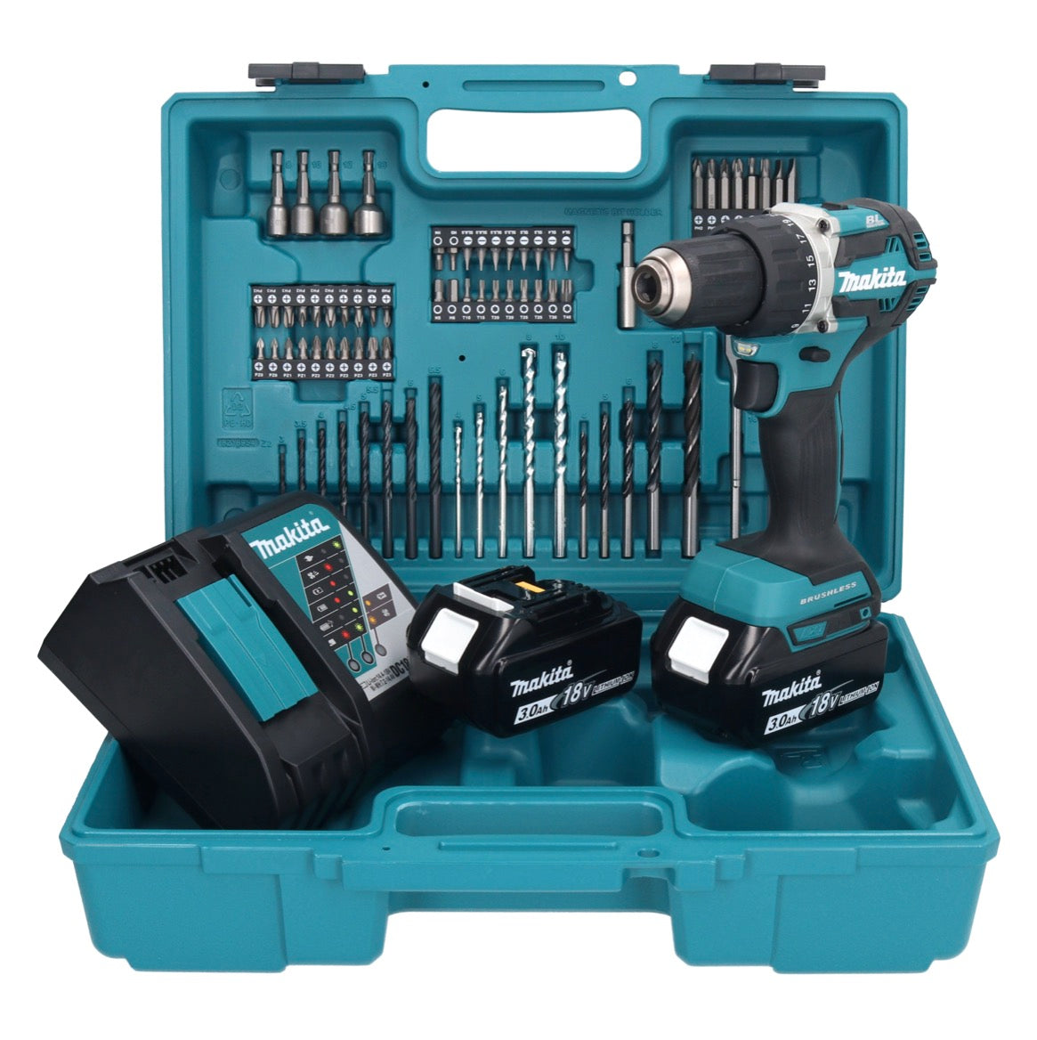 Makita DDF 484 RFX1 perceuse-visseuse sans fil 18 V 54 Nm + 2x batteries 3,0 Ah + chargeur + jeu d'accessoires 74 pièces + mallette