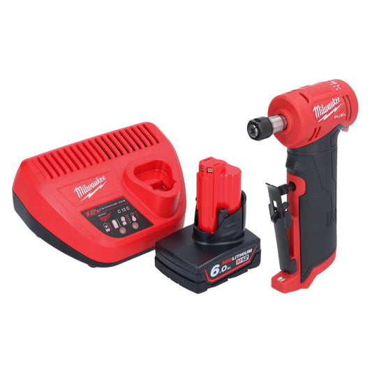 Meuleuse droite Milwaukee M12 FDGA-601 coudée 12 V 6/8 mm sans balais + 1x batterie 6,0 Ah + chargeur