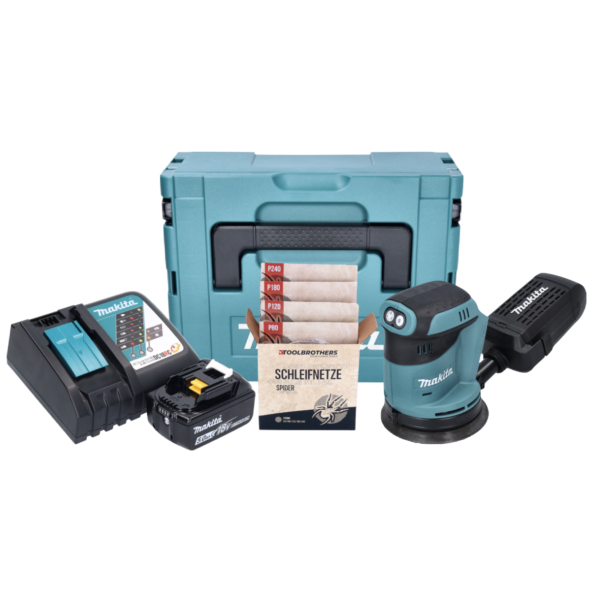 Makita DBO 180 RT1J Akku Exzenterschleifer 18 V 125 mm + 1x Akku 5,0 Ah + Ladegerät + Toolbrothers SPIDER Schleifset Netzschleifmittel + Makpac - Toolbrothers