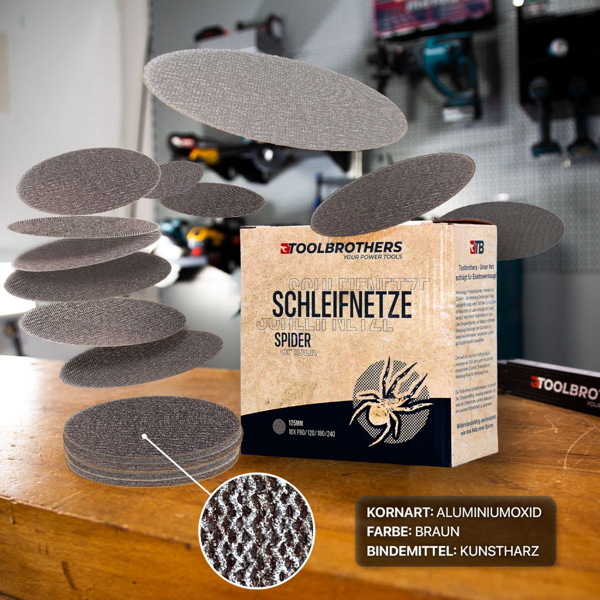 DBO 180 Z Akku Exzenterschleifer 18 V 125 mm + Toolbrothers SPIDER Netzschleifmittel Set - ohne Akku, ohne Ladegerät, Ideal für Heimwerker, Schleifen, fest montierte Staubbox - Toolbrothers