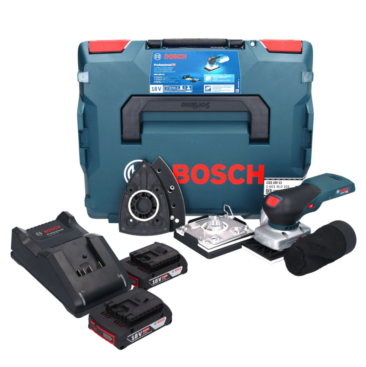 Ponceuse orbitale à batterie Bosch GSS 18V-13 18 V + 2x batteries 2,0 Ah + chargeur + L-BOXX