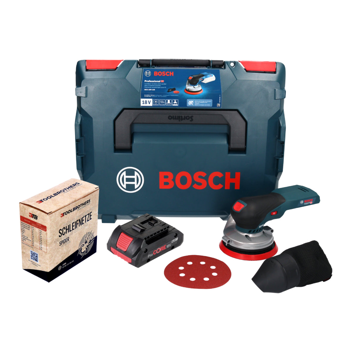 Bosch GEX 18V-125 Professional Akku Exzenterschleifer 18 V 125 mm Brushless + 1x Toolbrothers SPIDER Netzschleifmittel Set + 1x ProCORE Akku 4,0 Ah + L-BOXX - ohne Ladegerät