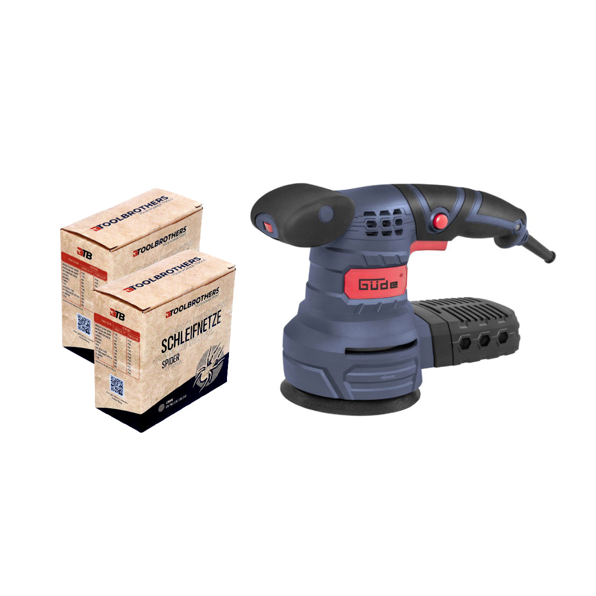 Güde EXS 125 E Exzenterschleifer 380 Watt 125 mm ( 58130 ) + 2x Toolbrothers SPIDER Netzschleifmittel Set - Toolbrothers