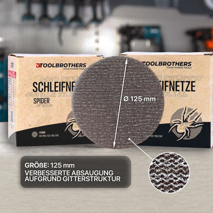 Toolbrothers SPIDER Schleifset Netzschleifmittel 4 Packungen 160x Schleifnetze 125mm Klett je 40x P80 / P120 / P180 / 240 für Hartholz, Weichholz, Lack, Stein, Stahl, Aluminium, Furnier - Toolbrothers