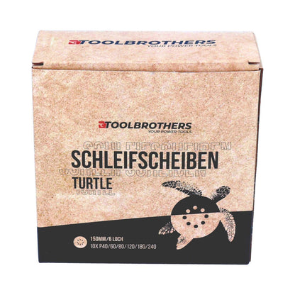 Toolbrothers TURTLE Schleifset 2 Packungen 120x Schleifscheiben 150 mm Klett 6 Loch  je 20x P40 / P60 / P80 / P120 / P180 / 240 für Hartholz, Weichholz, Lack, Stein, Stahl, Aluminium, Furnier - Toolbrothers