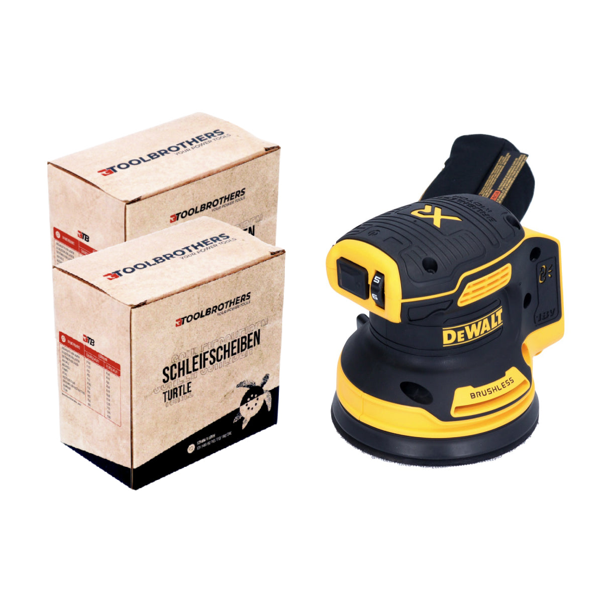 DeWalt DCW 210 N Akku Exzenterschleifer 18 V 125 mm Brushless Solo + 2x Toolbrothers TURTLE Schleifscheiben Set - Toolbrothers