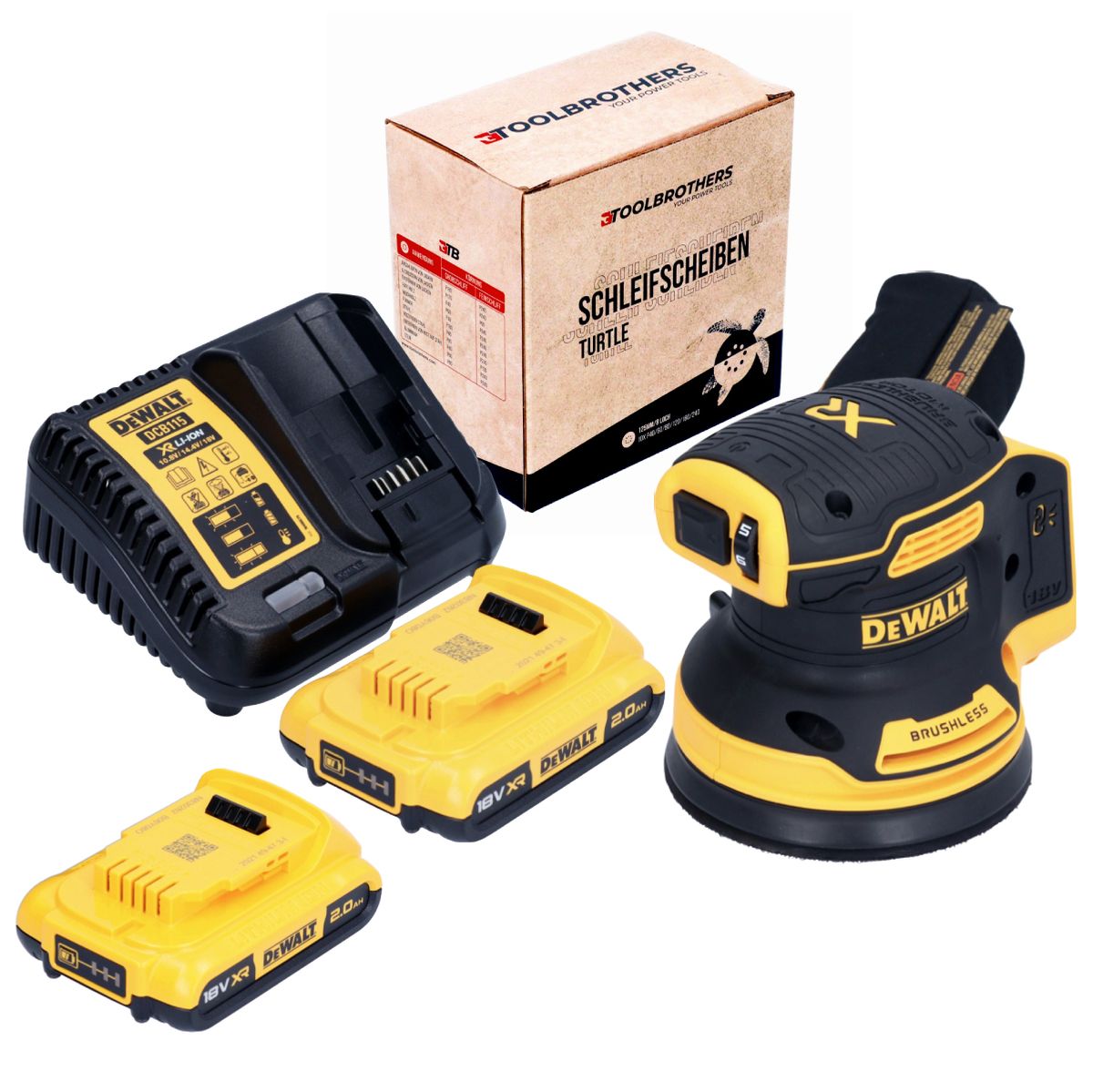 DeWalt DCW 210 D1 Akku Exzenterschleifer 18 V 125 mm Brushless + 2x Akku 2,0 Ah + Ladegerät + 1x Toolbrothers TURTLE Schleifscheiben Set - Toolbrothers