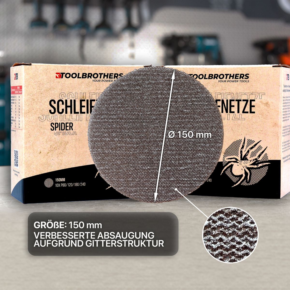 Toolbrothers SPIDER Schleifset Netz 150 mm 4 Packungen 160x Schleifnetze Klett je 40x P80 / P120 / P180 / 240 für Hartholz, Weichholz, Lack, Stein, Stahl, Aluminium, Furnier - Toolbrothers