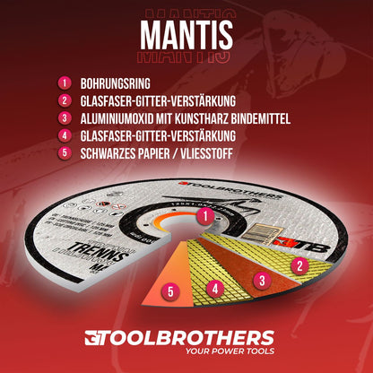 Toolbrothers MANTIS Trennscheiben- Set in Profi Qualität 2 Packungen 50 Stück, 125 x 22,23 x 1 mm zur Bearbeitung von Metall, Stahl, Edelstahl / INOX für Winkelschleifer - Toolbrothers