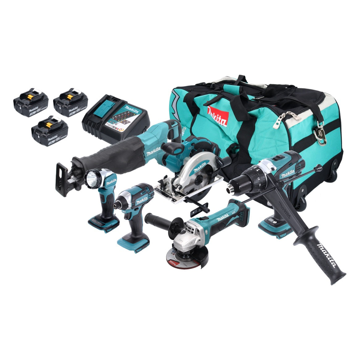 Makita DLX 6046 Akku Kombo Kit 18 V DGA 452 + DHP 458 + DJR 186 + DML 802 + DSS 610 + DTD 152 + 3x Akku 3,0 Ah + Ladegerät + Tasche