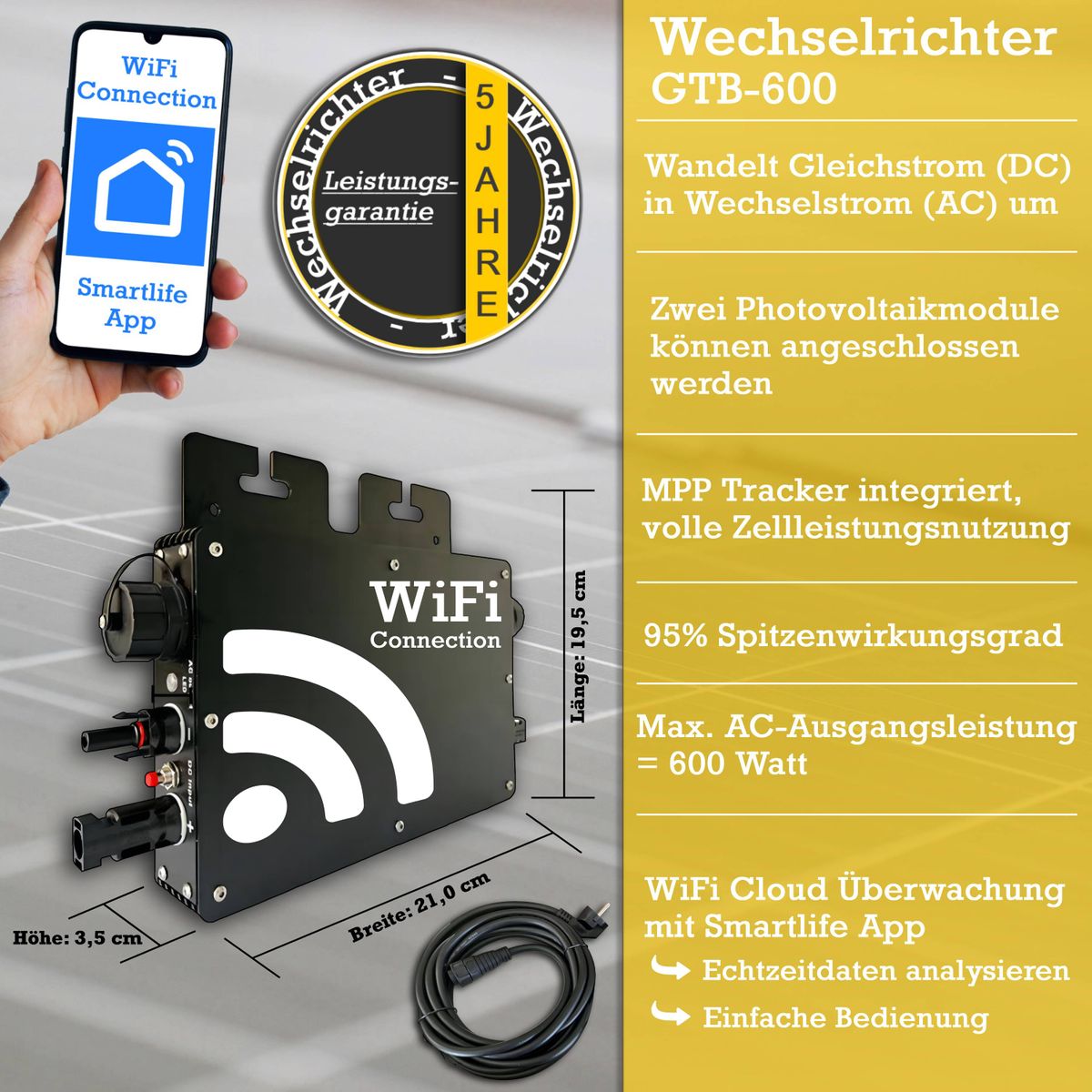 820W/600W Balkonkraftwerk Photovoltaikanlage, 2x Photovoltaik-Modul ( 2x 410W ) + Wechselrichter ( 600W ) mit WiFi-Funktion Steckerfertig Schwarz - Toolbrothers