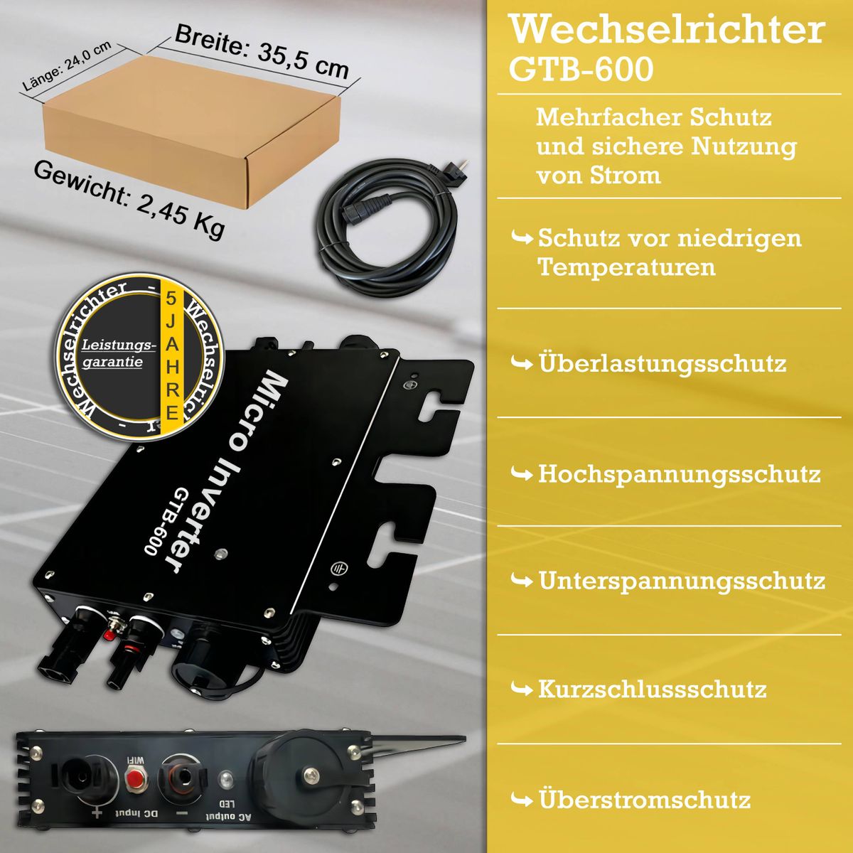 820W/600W Balkonkraftwerk Photovoltaikanlage, 2x Photovoltaik-Modul ( 2x 410W ) + Wechselrichter ( 600W ) mit WiFi-Funktion Steckerfertig Schwarz - Toolbrothers