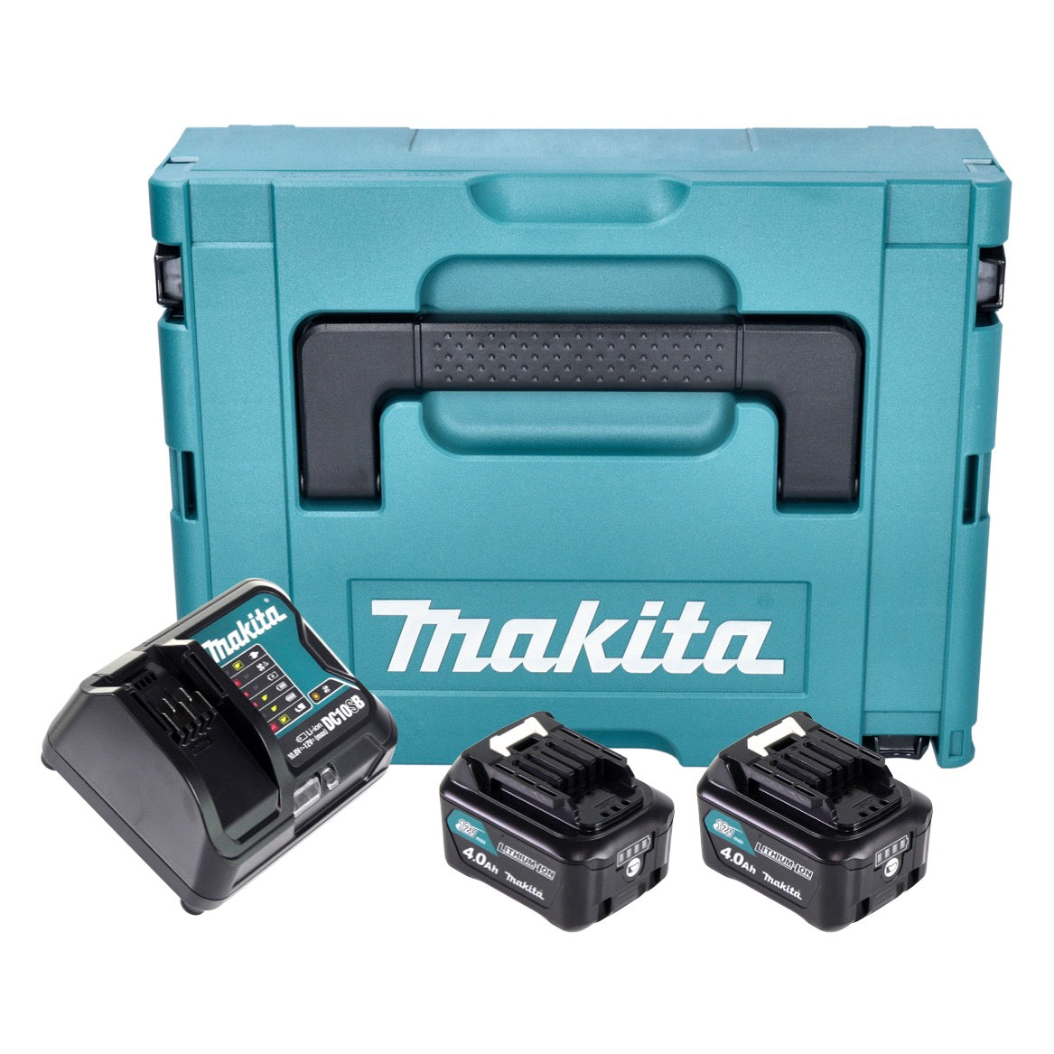 Kit source d'alimentation Makita (197641-2) 2x batterie BL 1041 B 12 V max. 4,0 Ah CXT + chargeur DC 10 SB + Makpac