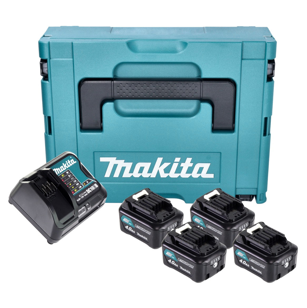 Kit source d'alimentation Makita 4x batterie BL 1041 B 12 V max. 4,0 Ah CXT (4x 197406-2) + chargeur DC 10 SB (197363-4) + Makpac