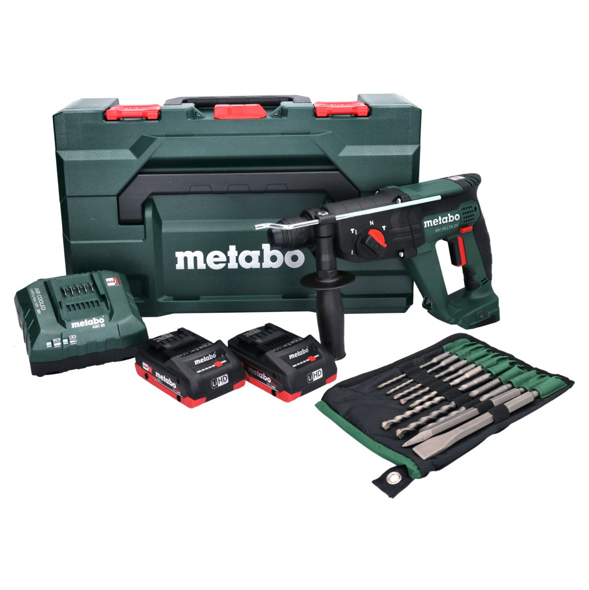 Metabo KH 18 LTX 24 Akku Kombihammer 18 V 2,1 J SDS plus + 2x Akku 4,0 Ah + Ladegerät + 10 tlg. Bohrer und Meißel Set + metaBOX - Toolbrothers