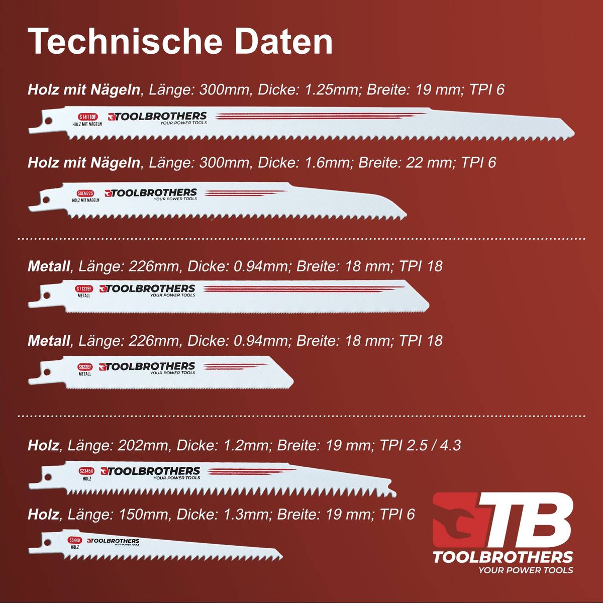 Toolbrothers SAWFISH Reciprosägen-Set 6-tlg. + Makita DJR 186 Z Akku Reciprosäge Säbelsäge 18 V Solo - ohne Akku, ohne Ladegerät - Toolbrothers