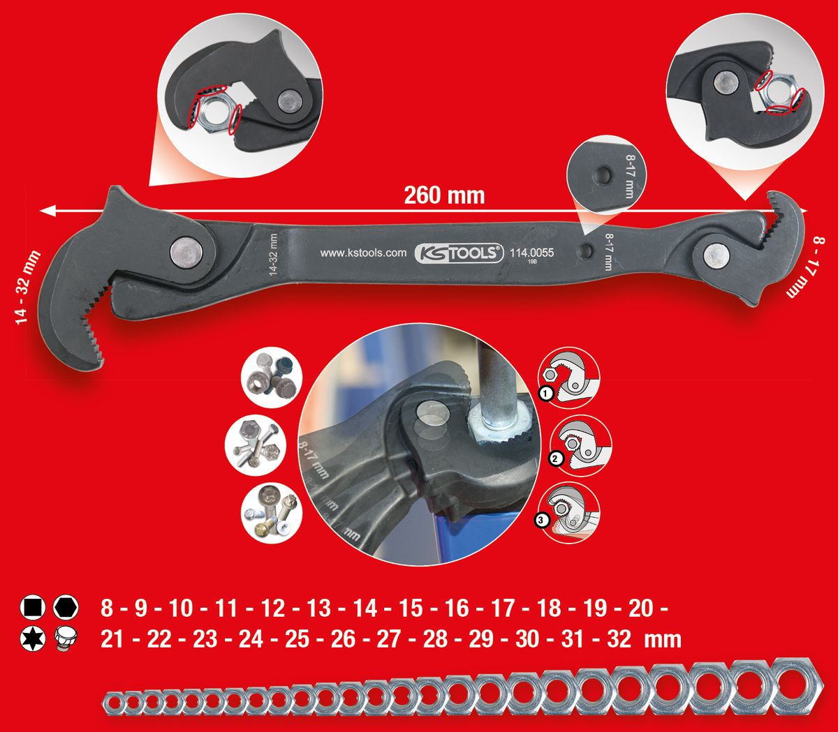 KS TOOLS Einhand-Multifunktions-Schlüssel, 8-17/14-32mm ( 114.0055 ) - Toolbrothers