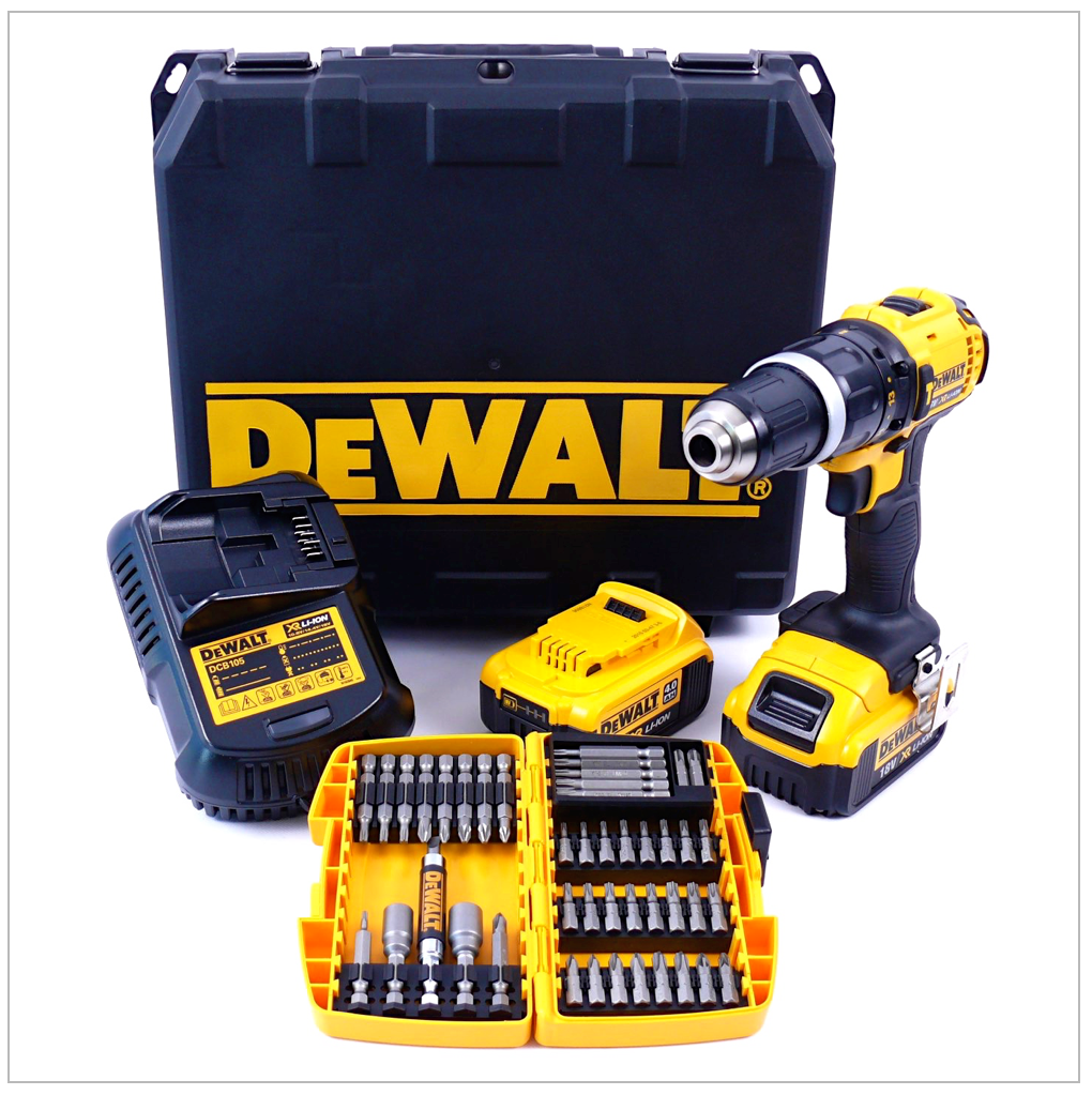 DeWalt DCD 785 M2 Akku Schlagbohrschrauber 18V 60Nm + 2x Akkus 4,0Ah, Ladegerät + 45 tlg. Bitset im Koffer - Toolbrothers