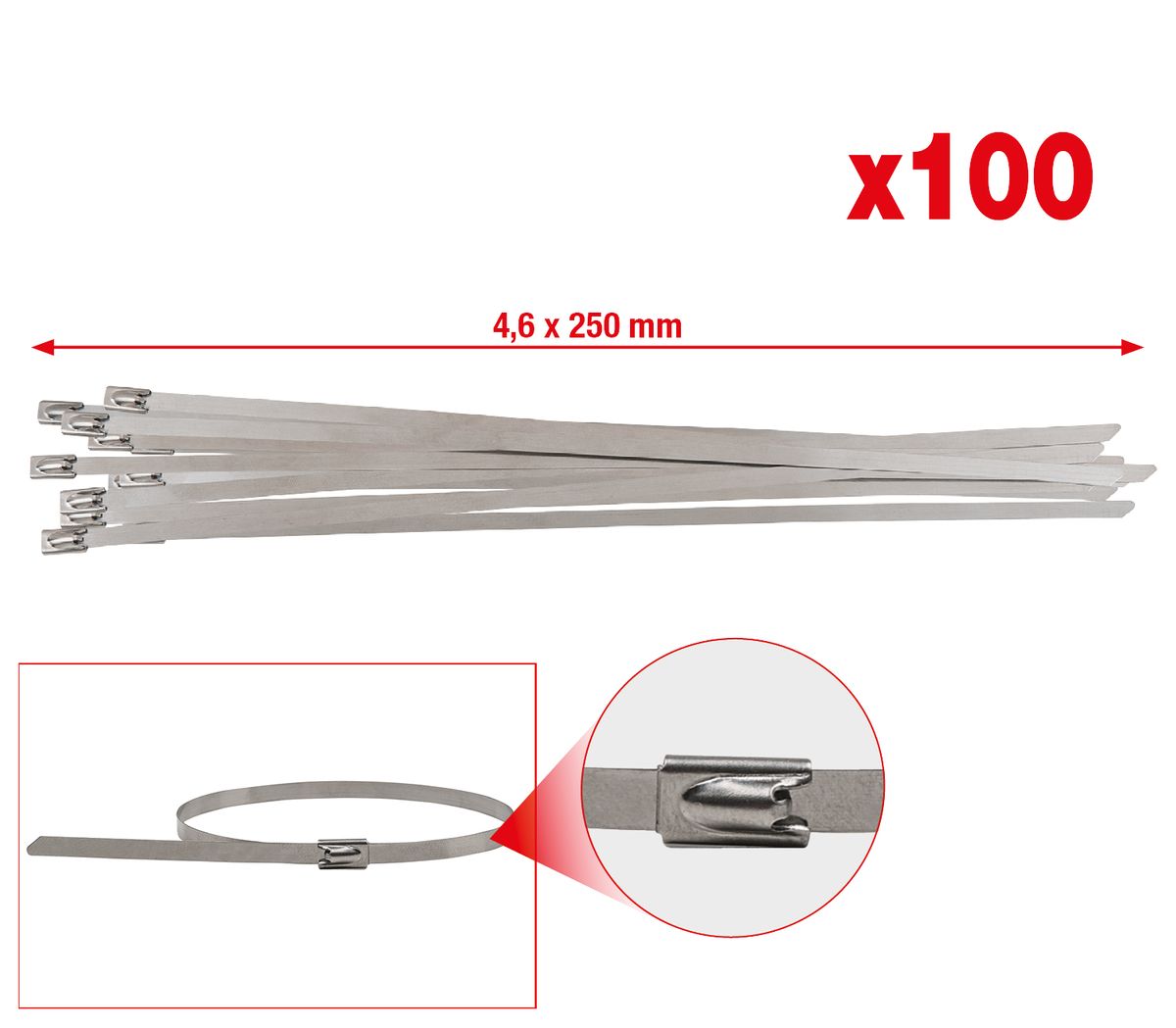 KS TOOLS Edelstahl Kabelbinder mit Kugelverschluss, 4,6x250mm, 100
