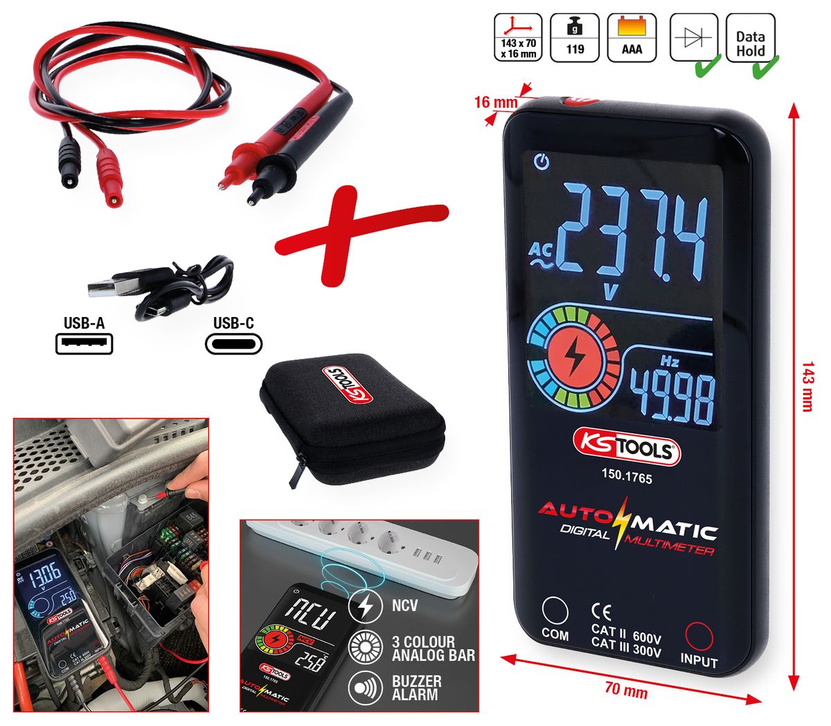 KS TOOLS Automatik Digital-Multimeter inkl. Prüfspitzen  ( 150.1765 ) - Toolbrothers