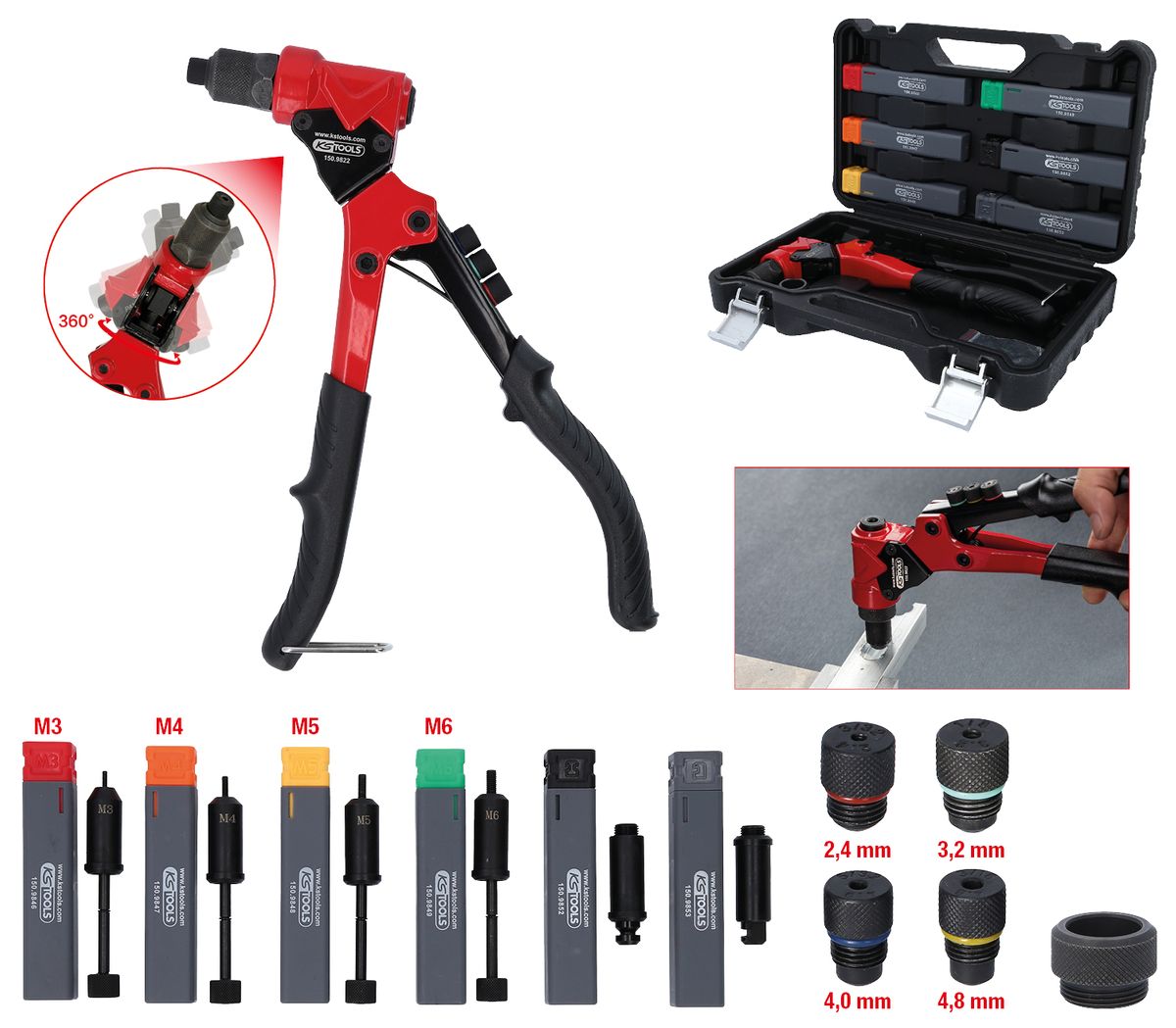 KS TOOLS 3 in 1 Handnietzangen-Satz, drehbar, 12-tlg. ( 150.9820 ) - Toolbrothers