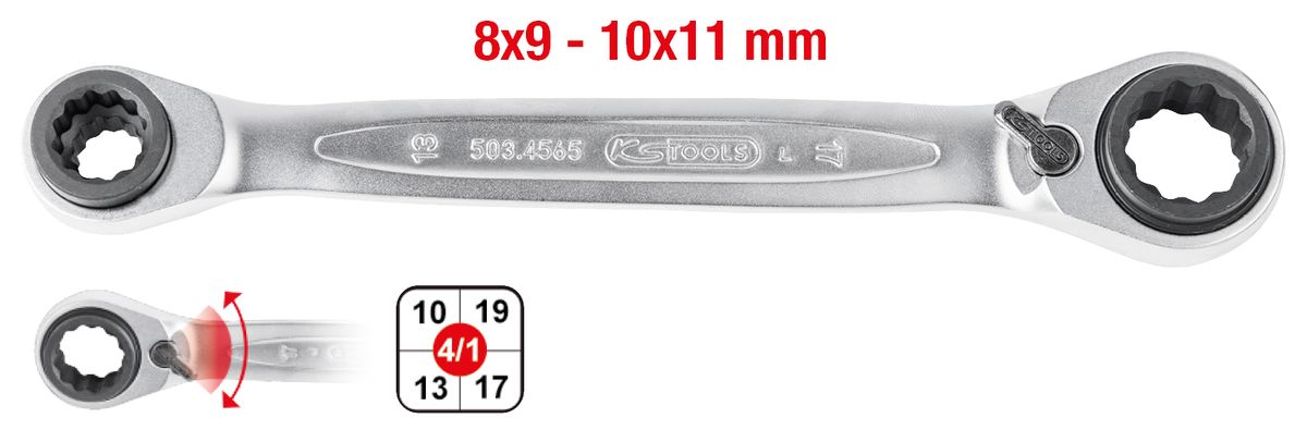 KS TOOLS 4 in 1 GEARplus® Doppel-Ratschenringschlüssel, umschaltbar, 8x9x10x11mm ( 503.4541 ) - Toolbrothers