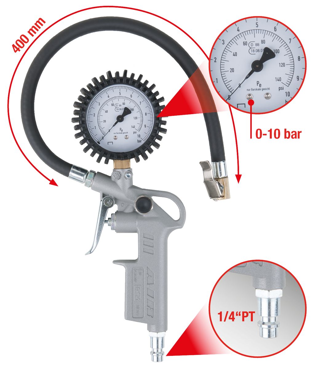 KS TOOLS Geeichter Druckluft-Reifenfüllmesser, 0-10 bar ( 515.1960 ) - Toolbrothers