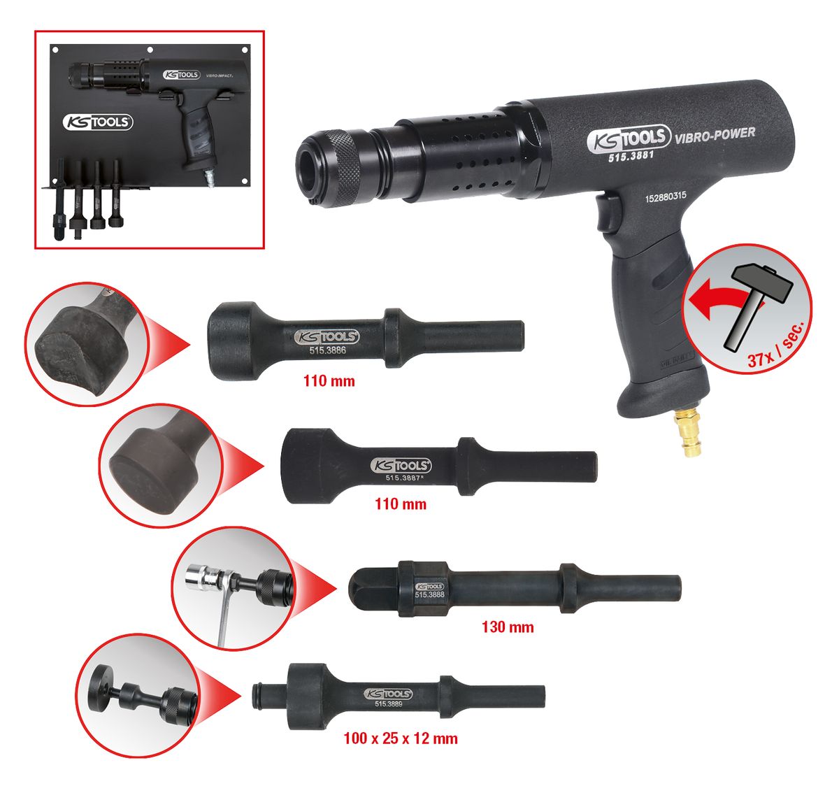 KS TOOLS Vibro-Impact Druckluft-Meißelhammer-Satz, 6-tlg ( 515.3880 )