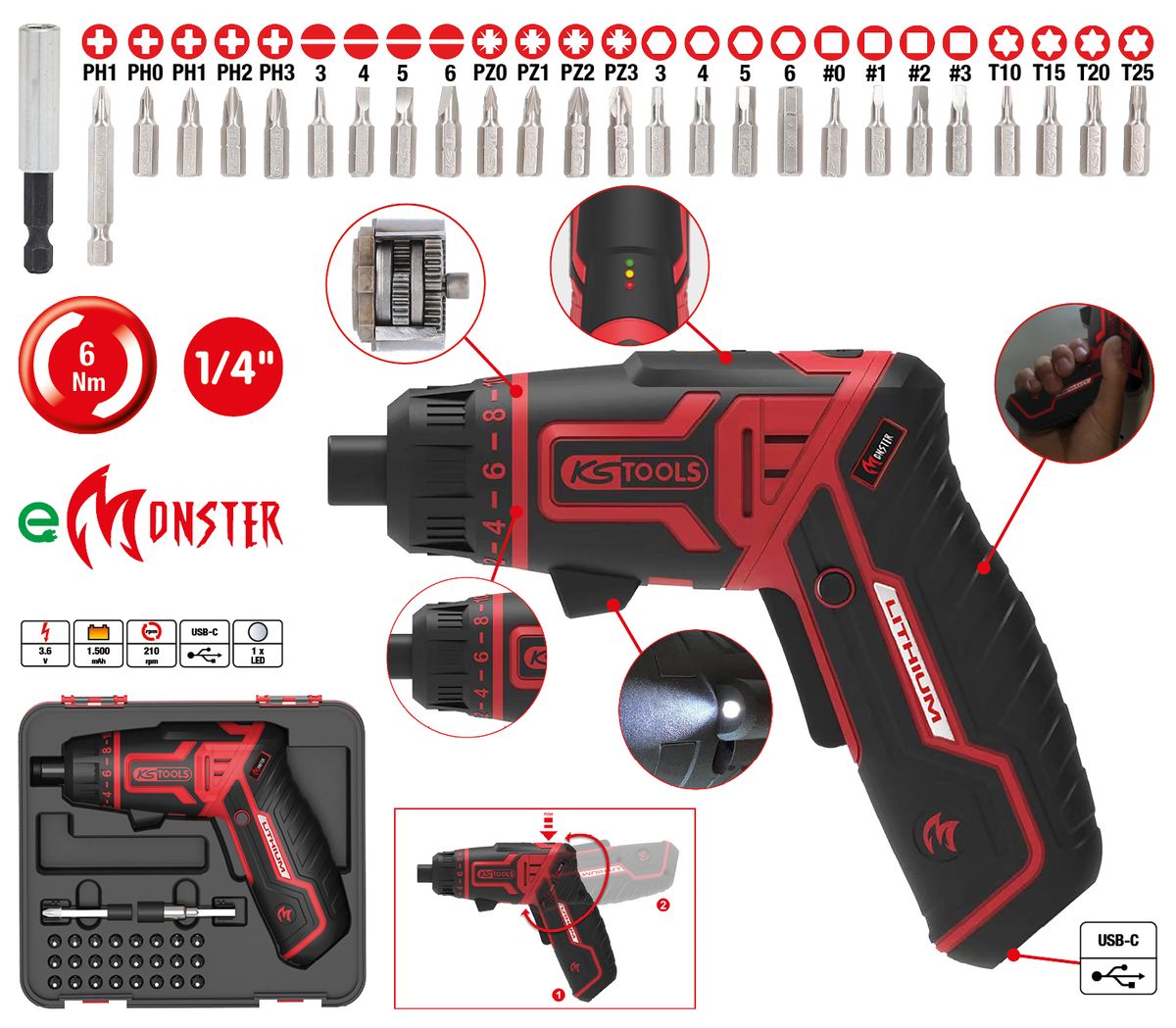 KS TOOLS eMONSTER 1/4“ Akku-Bit-Schrauber-Satz, 27-tlg. ( 515.6500 ) - Toolbrothers