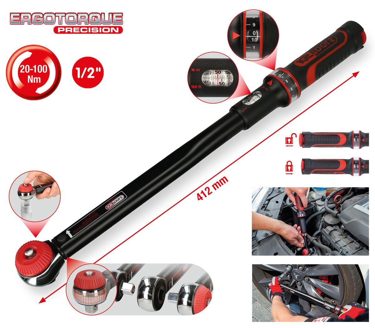 KS TOOLS 1/2" ERGOTORQUE®precision Ratschen-Drehmomentschlüssel Drehknopf, 20-100Nm ( 516.1432 )