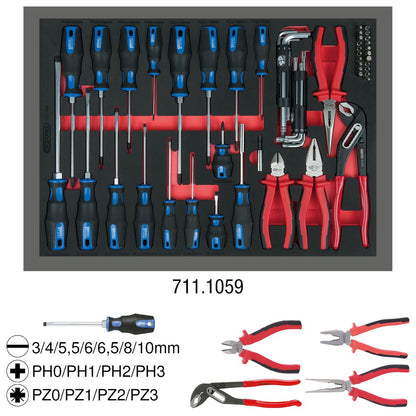 KS TOOLS Zangen- und Schraubendreher-Satz, 59-tlg in 1/1 Systemeinlage ( 711.1059 )