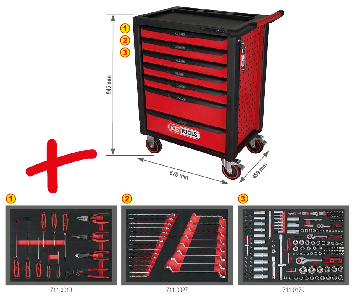 KS TOOLS RACINGline SCHWARZ/ROT Werkstattwagen mit 7 Schubladen und 215 Premium-Werkzeugen ( 826.7215 ) - Toolbrothers