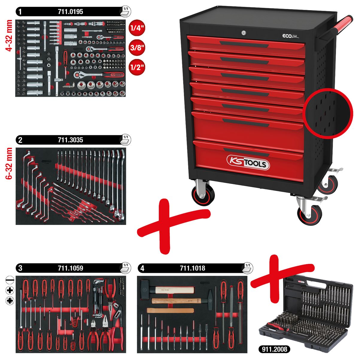 KS TOOLS ECOline SCHWARZ/ROT Werkstattwagen mit 7 Schubladen und 515 Premium-Werkzeugen ( 897.7515 )