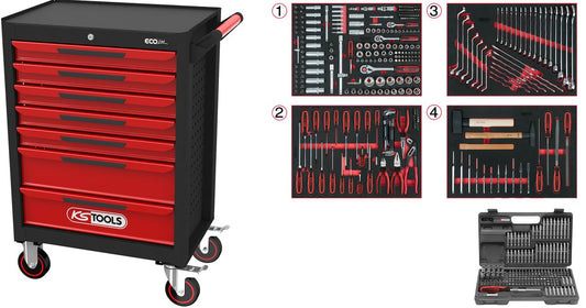 KS TOOLS ECOline SCHWARZ/ROT Werkstattwagen mit 7 Schubladen und 515 Premium-Werkzeugen ( 897.7515 )