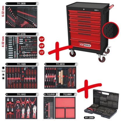 KS TOOLS ECOline SCHWARZ/ROT Werkstattwagen mit 7 Schubladen und 598 Premium-Werkzeugen ( 897.7598 )