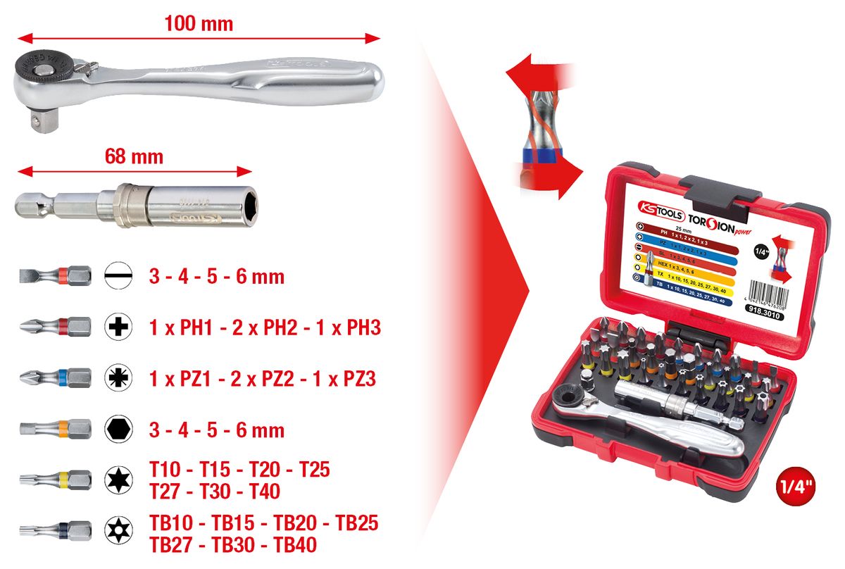 KS TOOLS 1/4" TORSIONpower Bit-Box, 32-tlg ( 918.3010 ) - Toolbrothers