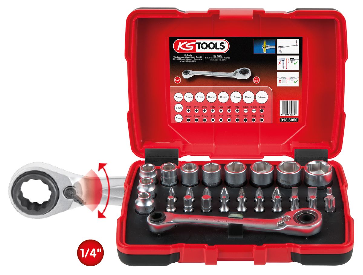 KS TOOLS 1/4" + 11 mm Durchgangs-Steckschlüssel- und Bit-Satz, 31-tlg ( 918.3050 ) - Toolbrothers